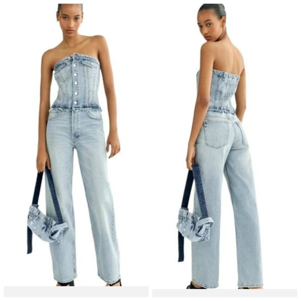 Zara Denim Corset Smocked Strapless Jumpsuit Acid Wash Blue TRF Size XSmall